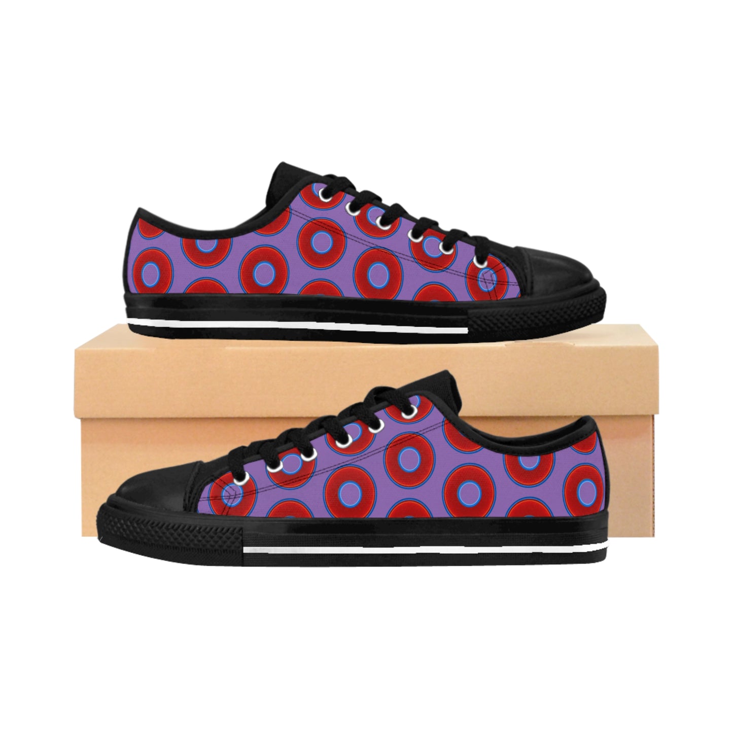 Men's Cushiony Convectors - Low Top - large red vivid donut print w/light purple background