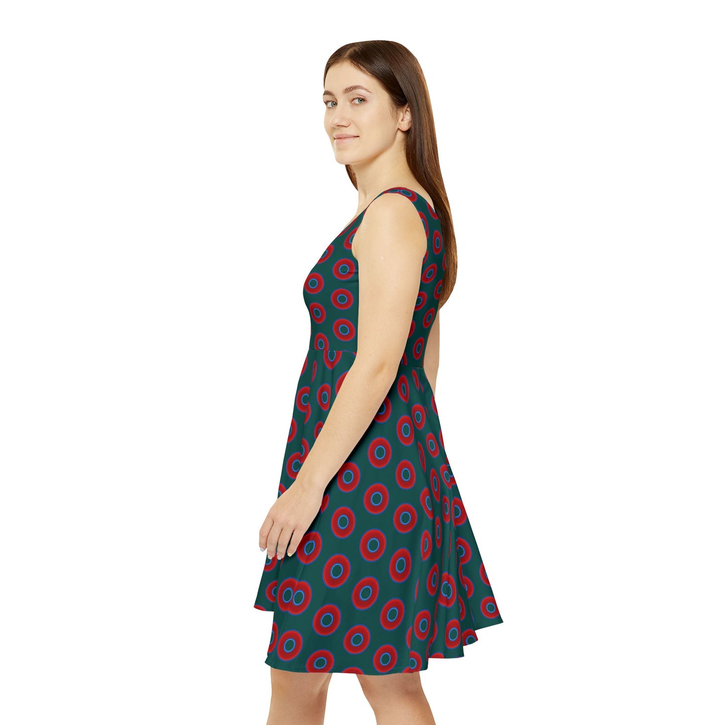Women's Skater Donut Dress - vivid red donut print w/dark Fenway green background