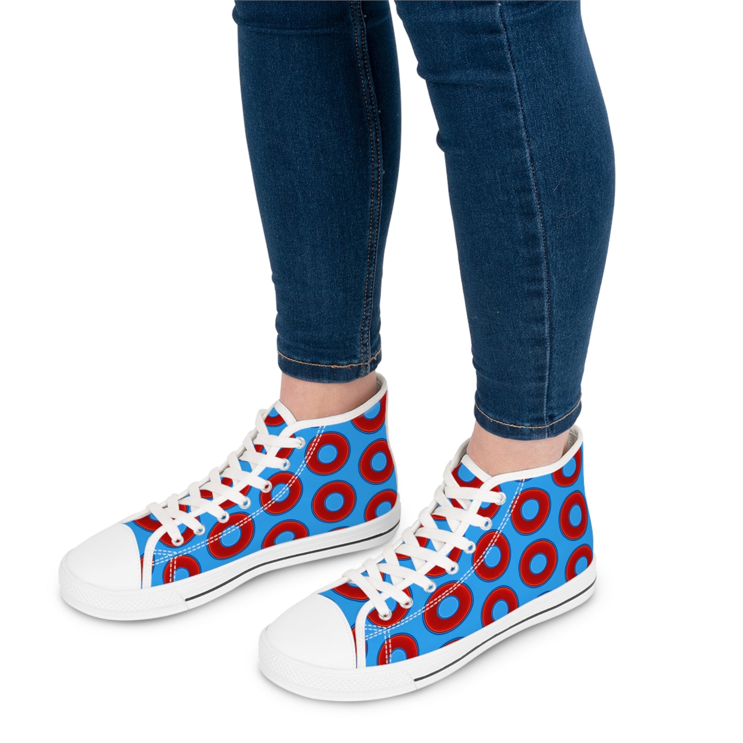 Women's High Top Chuck Taylors - large vivid red donut print w/sky royal blue background