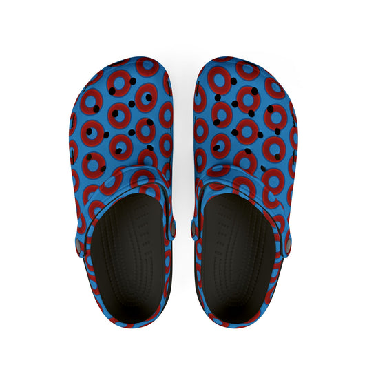 Spatchcocks - donut slip-on shoes - vivid red donuts w/sky royal blue background [unisex]