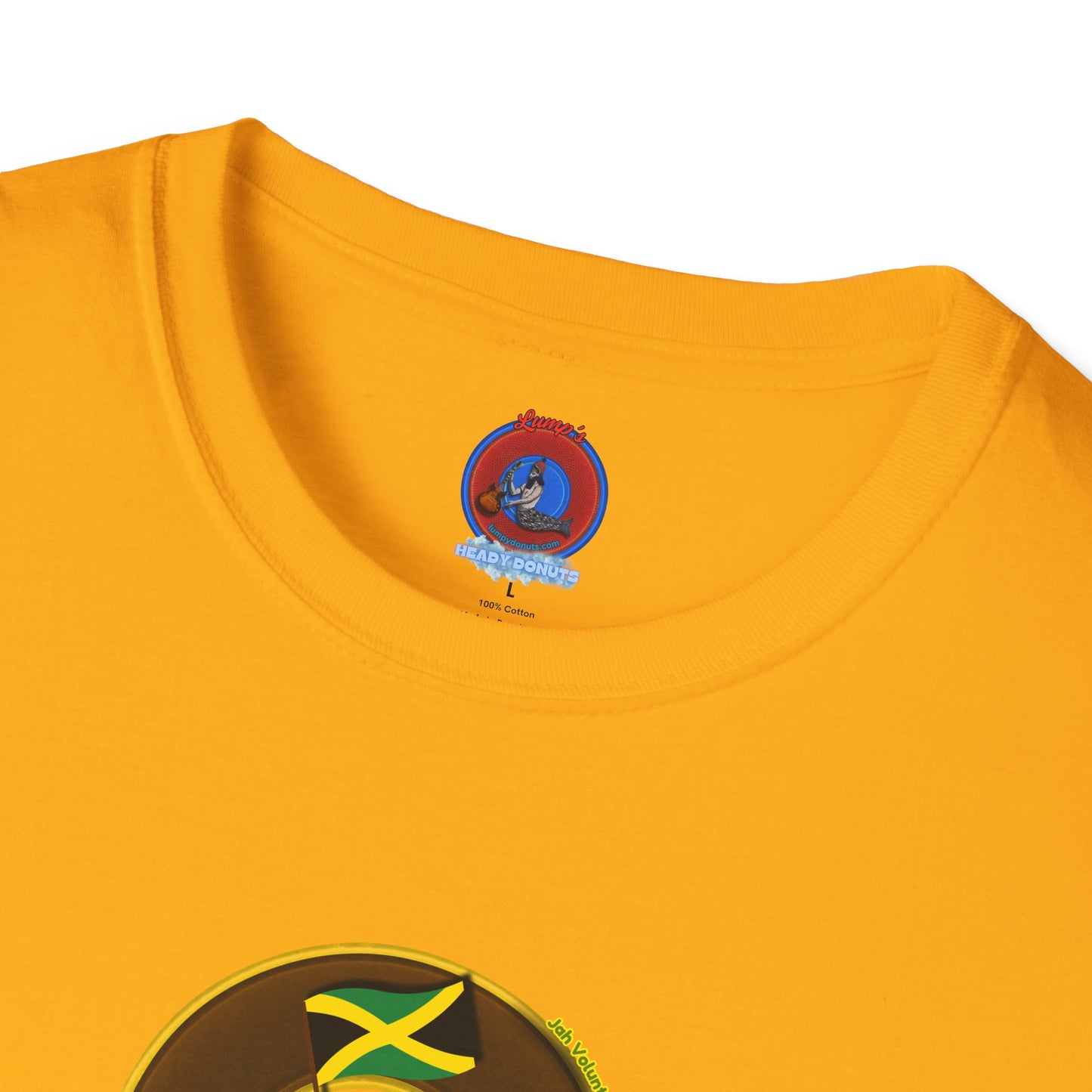 Classic Donut Tee - Unisex Soft-Style - "Jah Volunteers Protect Jah Love... and donuts!" - vivid brown/gold donut