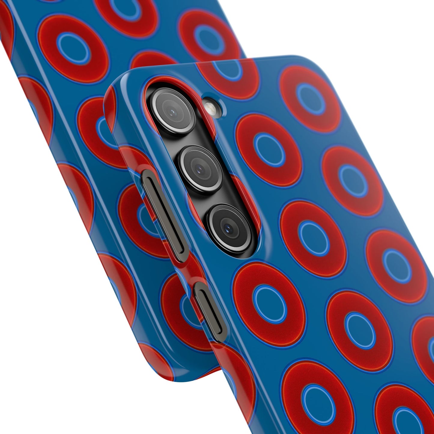 Lumpy Donut Snap Case - red vivid donut print w/wavy navy blue background