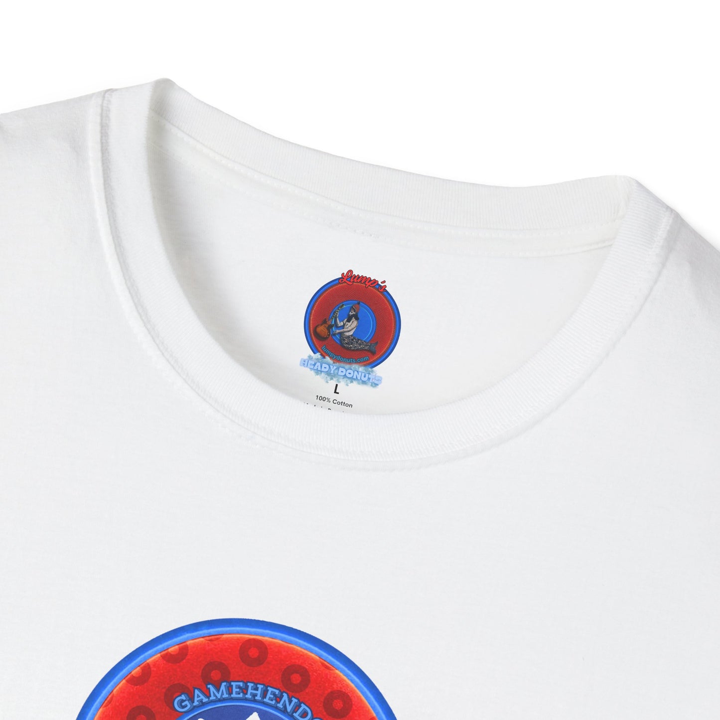 Classic Donut Tee - Unisex Soft-Style - "Phishy Chips" - vivid red/blue widemouthed paradox donut