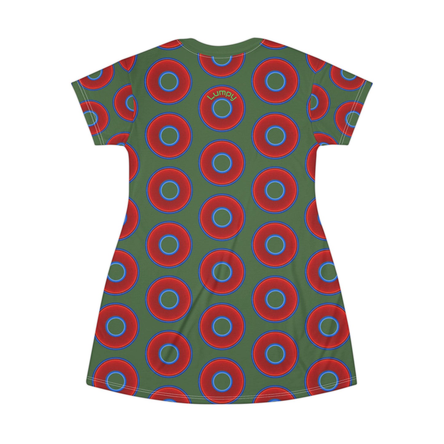 Not a Muumuu AOP Tee Shirt Dress - red vivid donuts w/dark Fenway green background