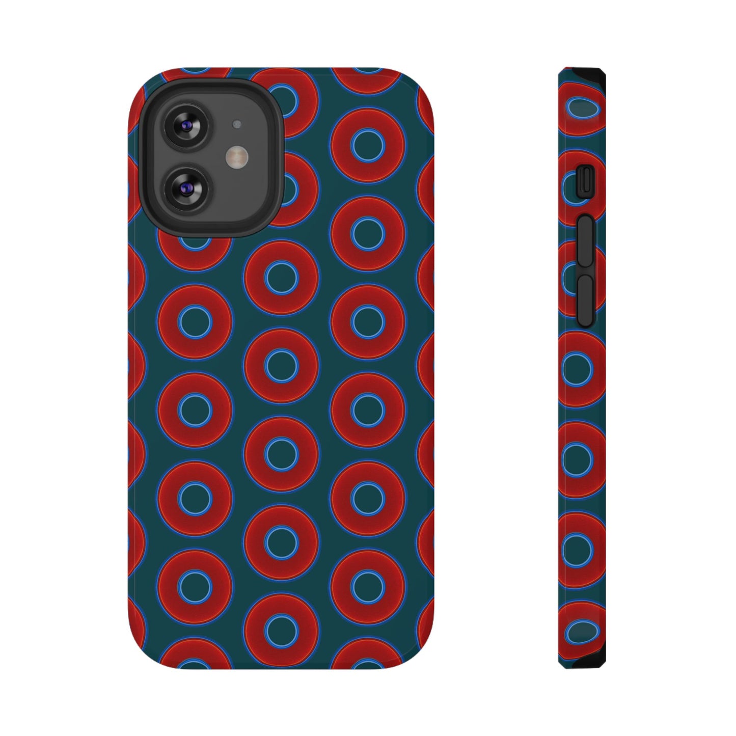 Impact-Resistant Lumpy Donut Case - red vivid donut print w/midnight green background