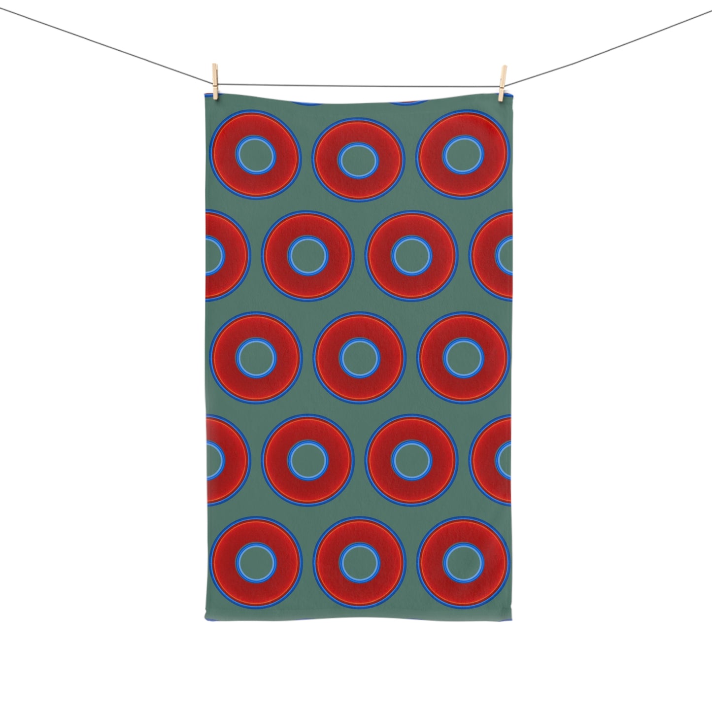 Lumpy Kitchen/Hand Towels - vivid red donuts w/Fenway green background