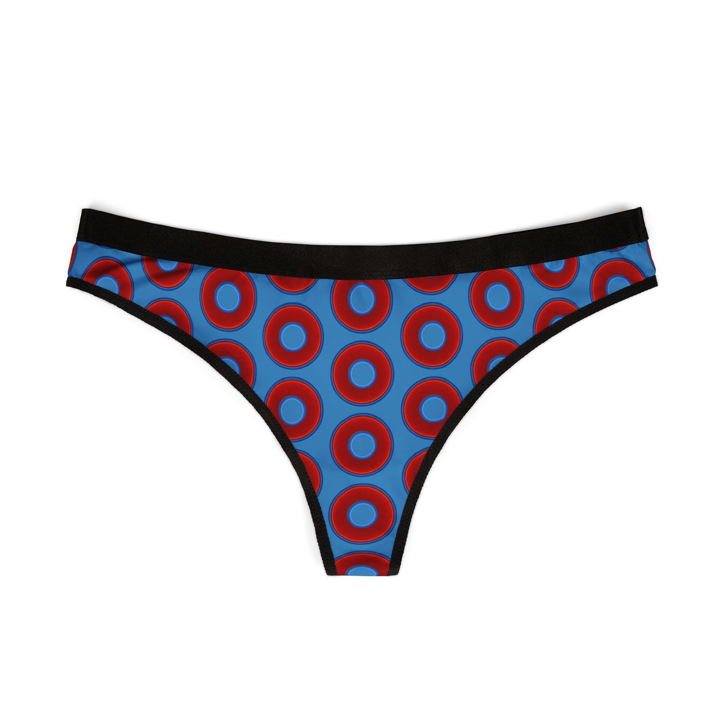 Lumpy Donut Thongs - red vivid donut print w/light steel blue background