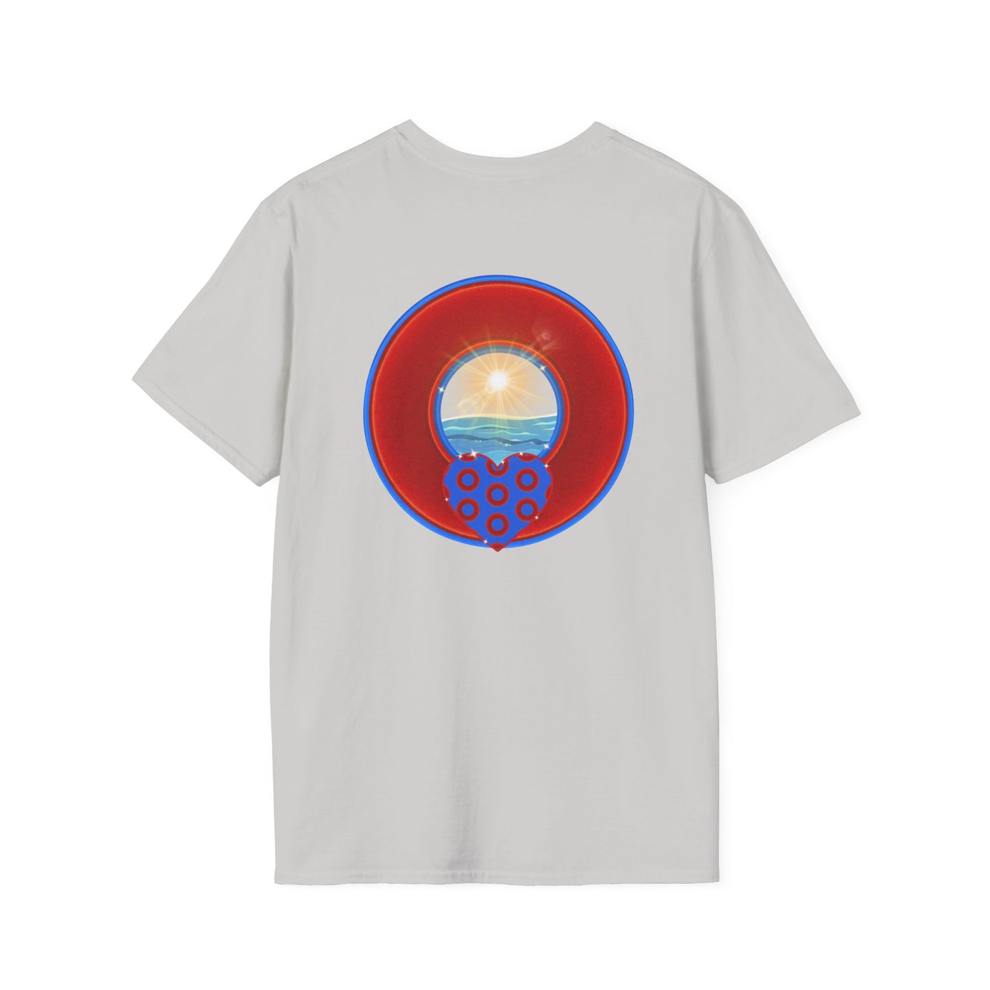 Classic Donut Tee - Unisex Soft-Style - "Ocean Donuts of Love" - vivid red donut - w/sun - variant 2