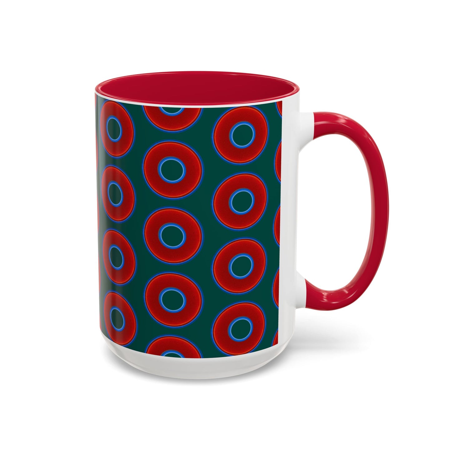 Lump's Grumpy Coffee Mug - vivid red donuts w/dark Fenway green background
