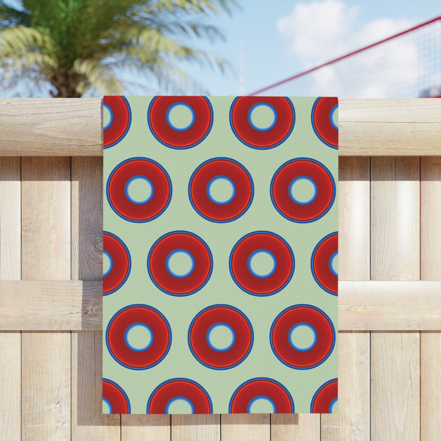 Lumpy Donut Towels - vivid red donuts w/seafoam background
