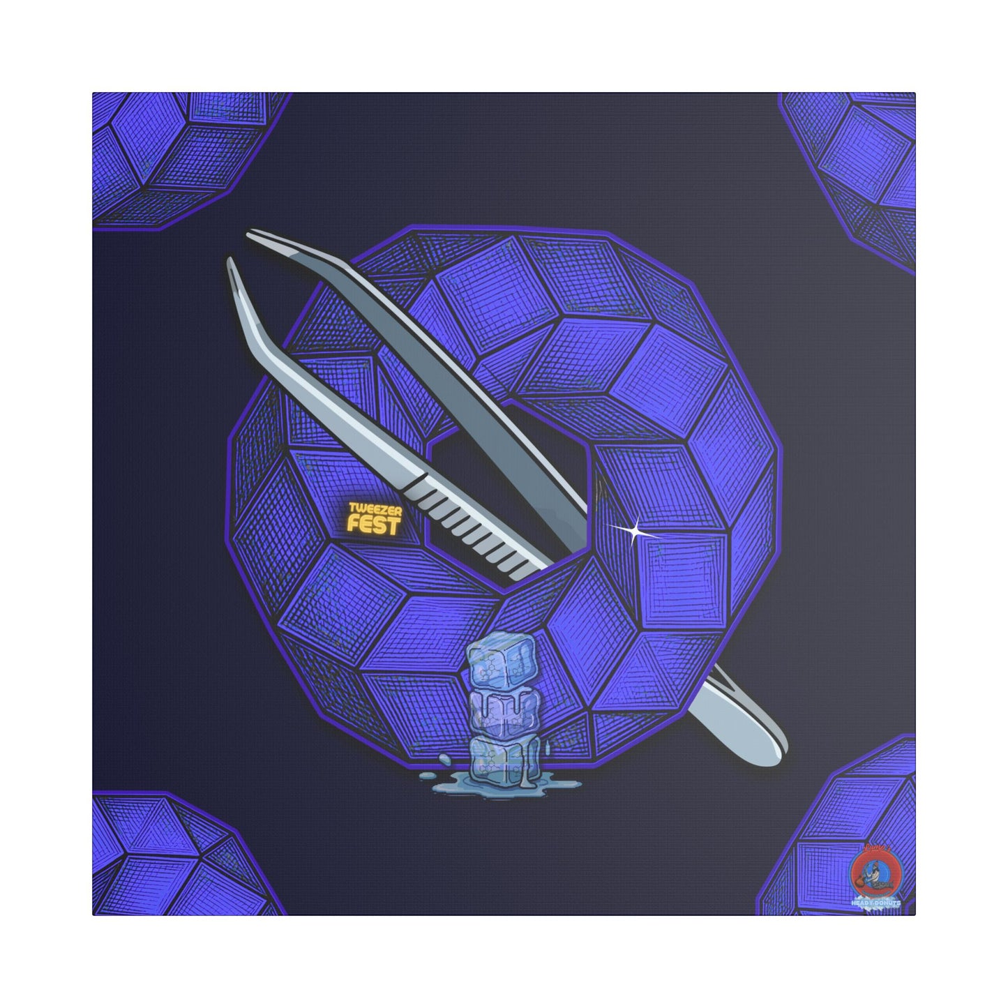 GIANT  Canvas [36" x 36"] - "Uncle Ebenezer's Donut" - blue cubed donuts - w/donut pattern - variant 2