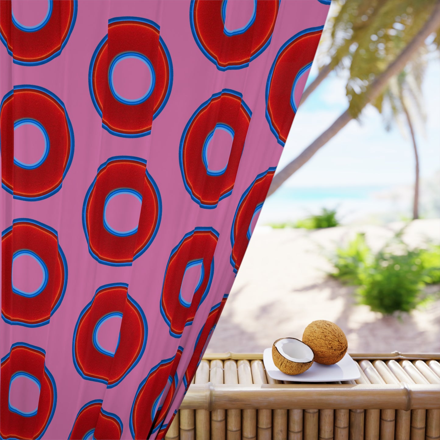 Lump's Heady Curtain w/Donuts - vivid red donut print - w/pink background - [*1 Piece / 50" x 84"]