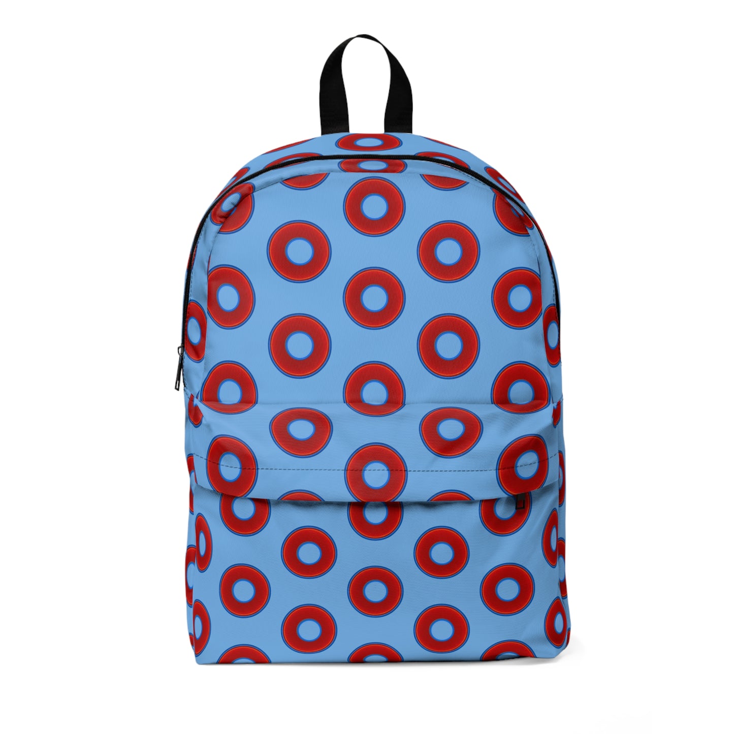 Donut Backpack - red vivid donuts w/light blue background