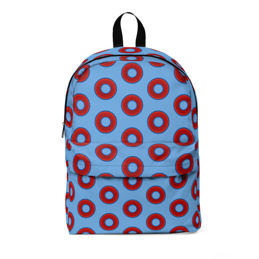 Donut Backpack - red vivid donuts w/light blue background