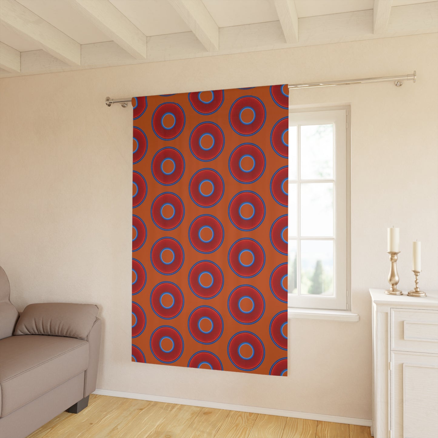 Lump's Heady Curtain w/Donuts - vivid red donut print - w/dark orange background - [*1 Piece / 50" x 84"]