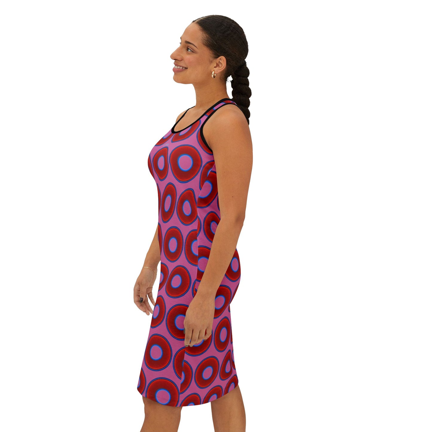 Tela's Lumpy Racerback Donut Dress - red vivid donut print w/pink background