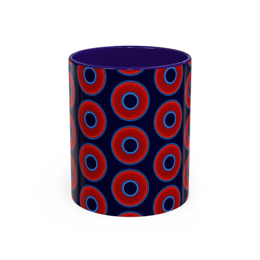 Lump's Grumpy Coffee Mug - vivid red donuts w/midnight blue background
