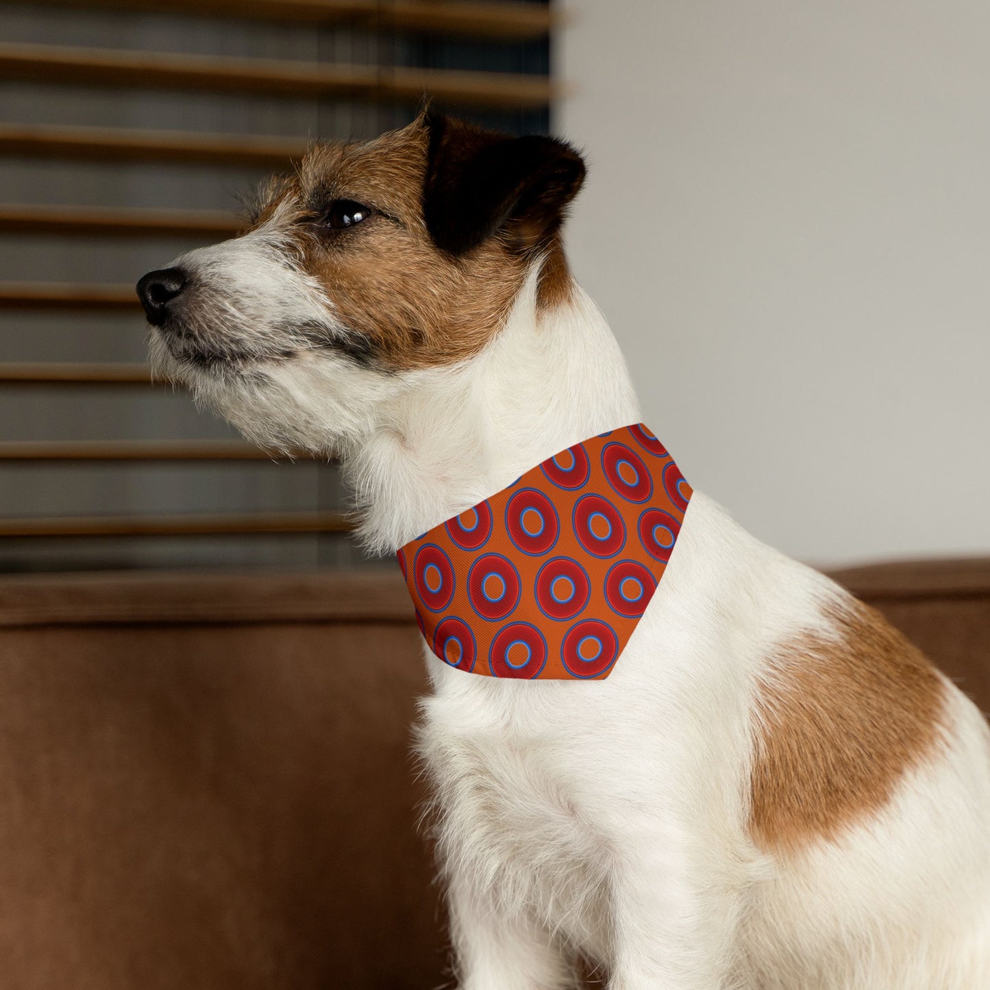 Jim's Lumpy Bandana Pet Collar - vivid red donuts w/dark orange backgound