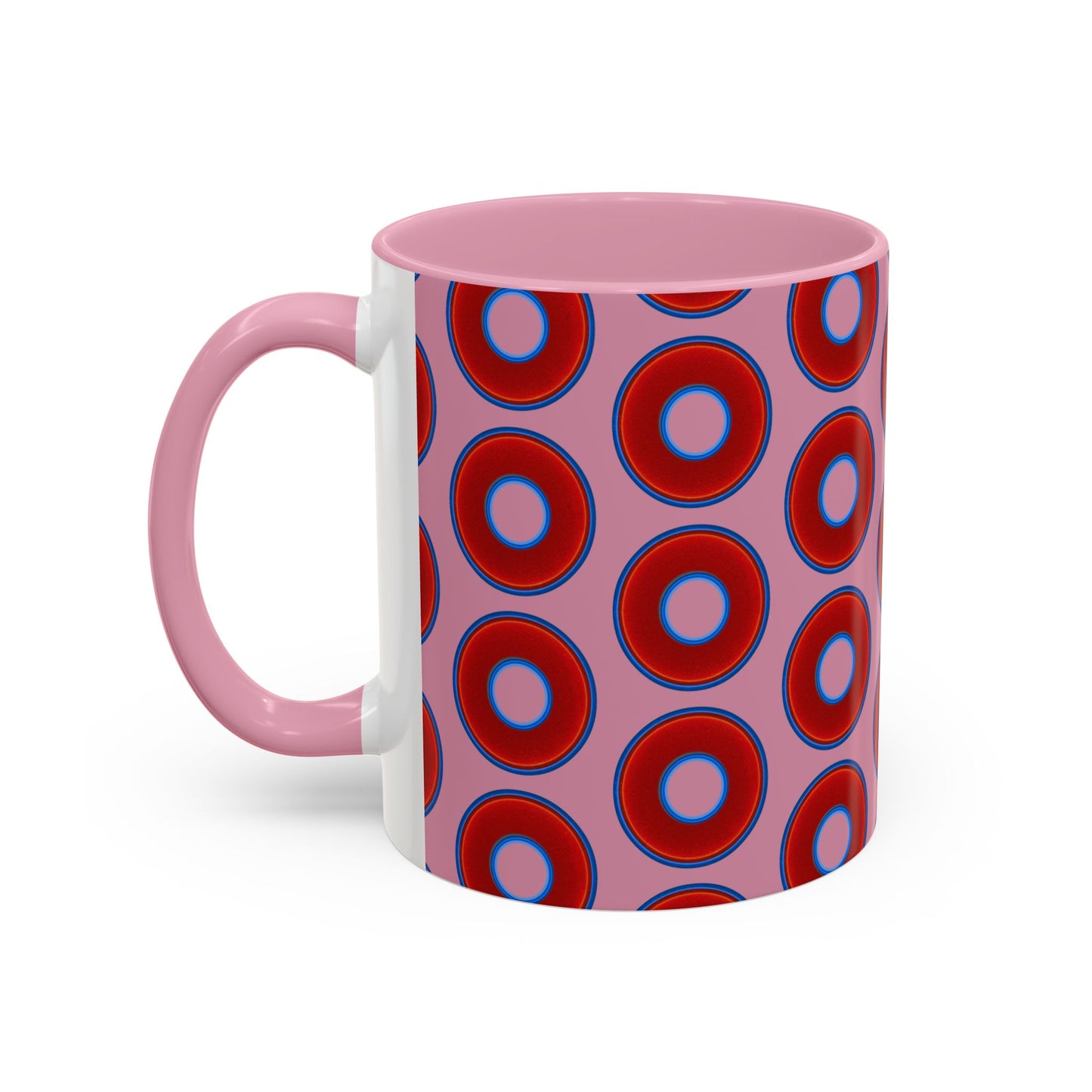 Lump's Grumpy Coffee Mug - vivid red donuts w/pink background