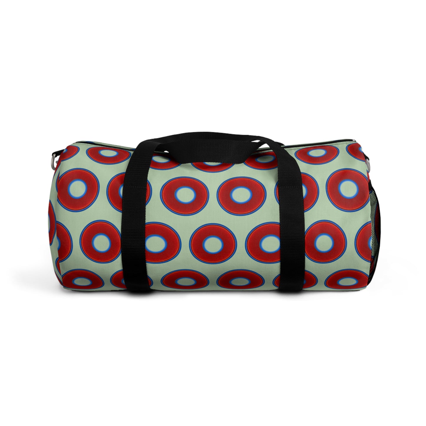 Lumpy Duffel - vivid red donuts w/seafoam background
