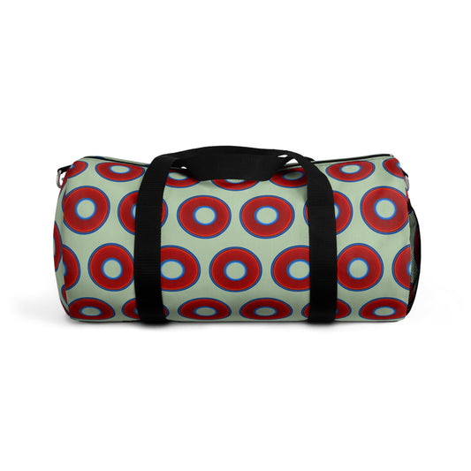 Lumpy Duffel - vivid red donuts w/seafoam background