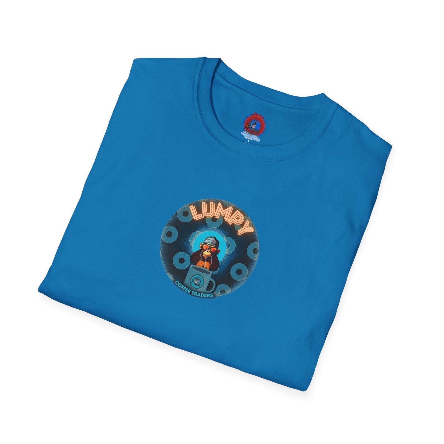 Coffee Traders Tee - Unisex Soft-Style - "Tasty Coffee" - paradoxical donut/cubed blue donut - variant 2 - logo front/It's Ice Cube's back