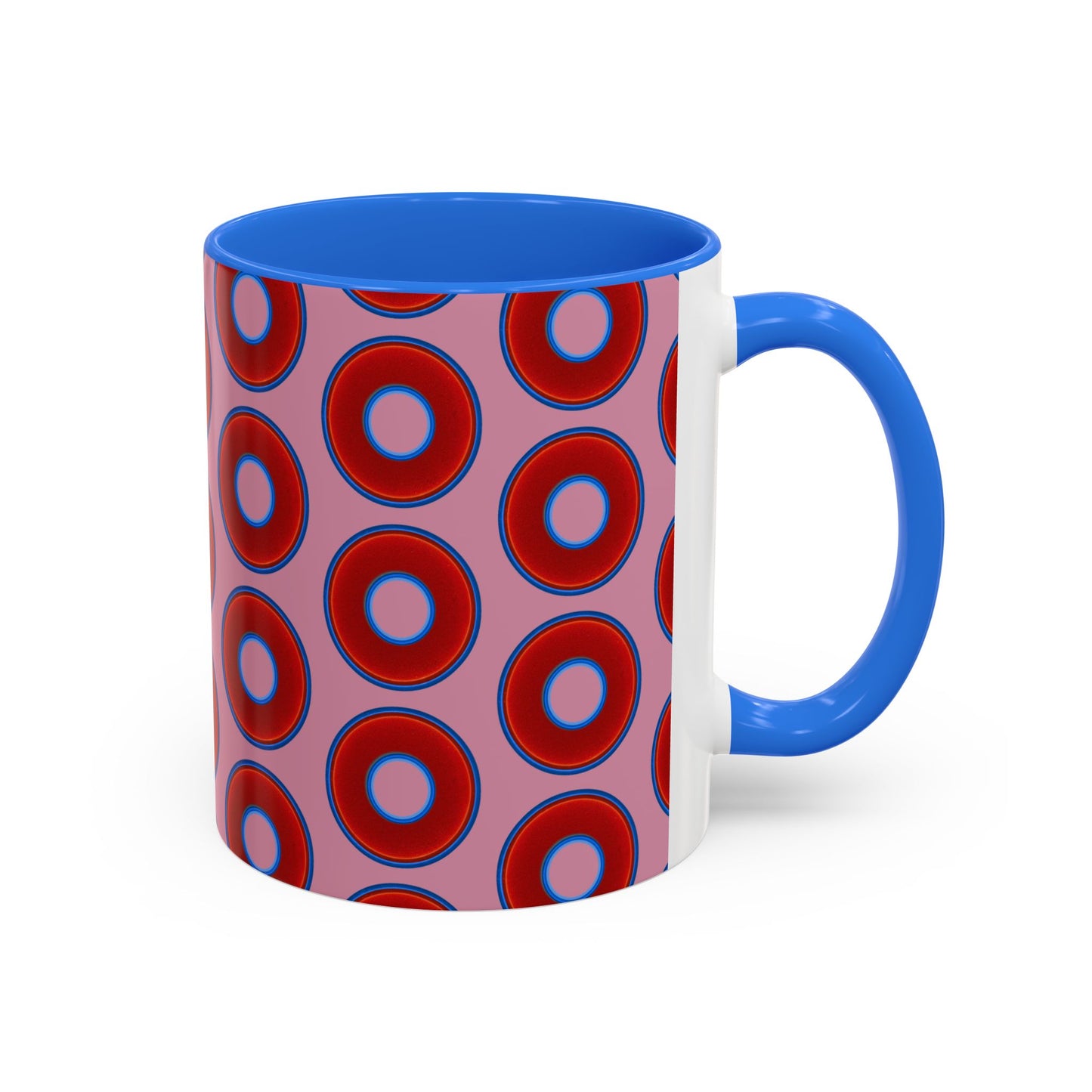 Lump's Grumpy Coffee Mug - vivid red donuts w/pink background