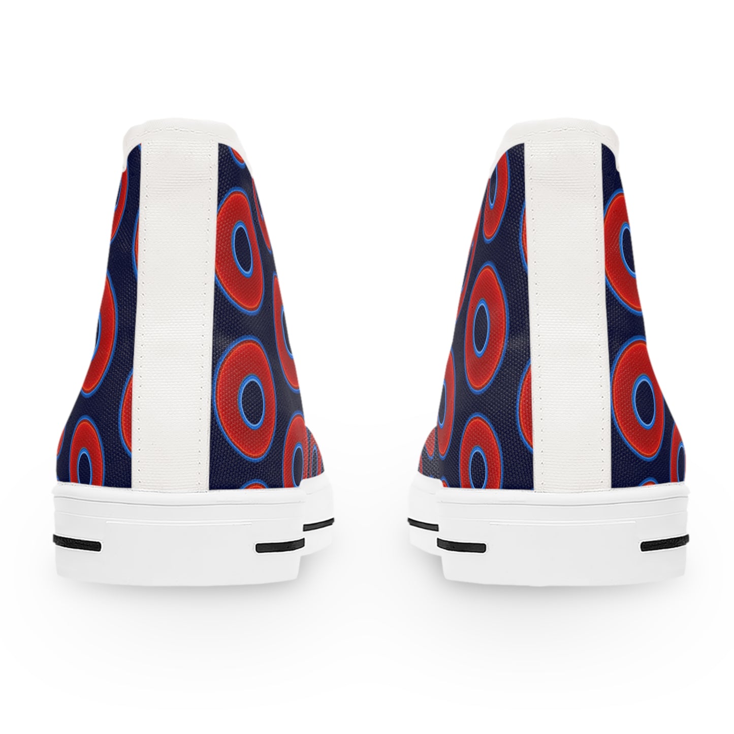 Women's High Top Chuck Taylors - large vivid red donut print w/dark navy blue background