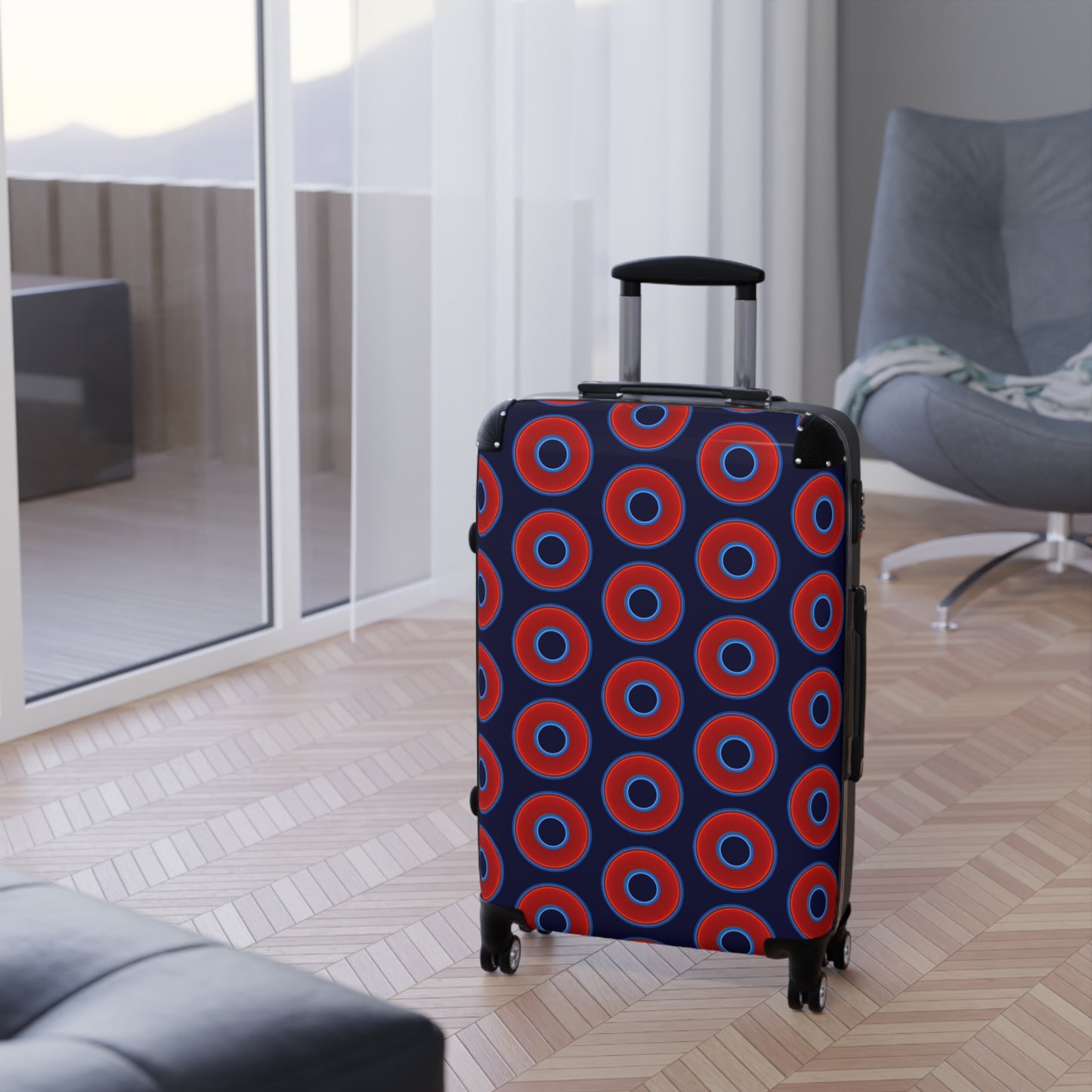 The Very Lumpy Donut Suitcase series - your choice of S, M or L - vivid red donut print w/midnight blue background