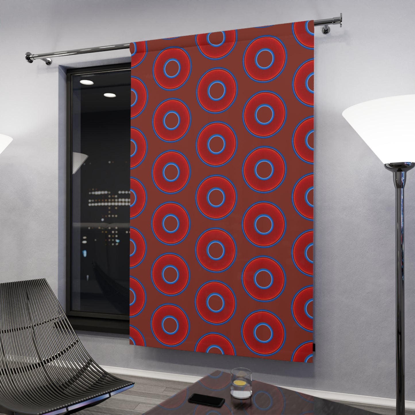 Lump's Heady Curtain w/Donuts - vivid red donut print - w/burnt umber background - [*1 Piece / 50" x 84"]