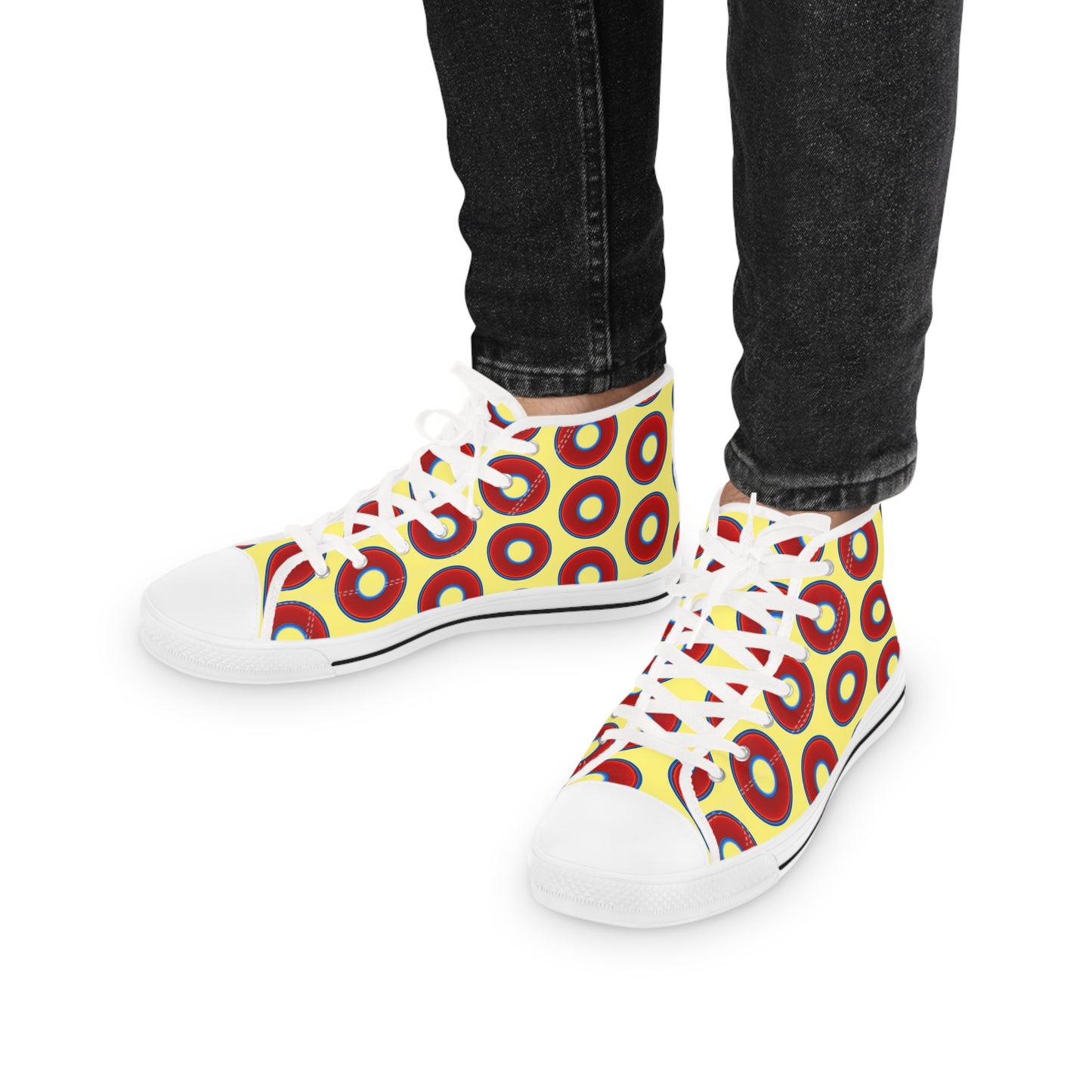 Men's High Top Chucks - large vivid red donut print w/yellow background