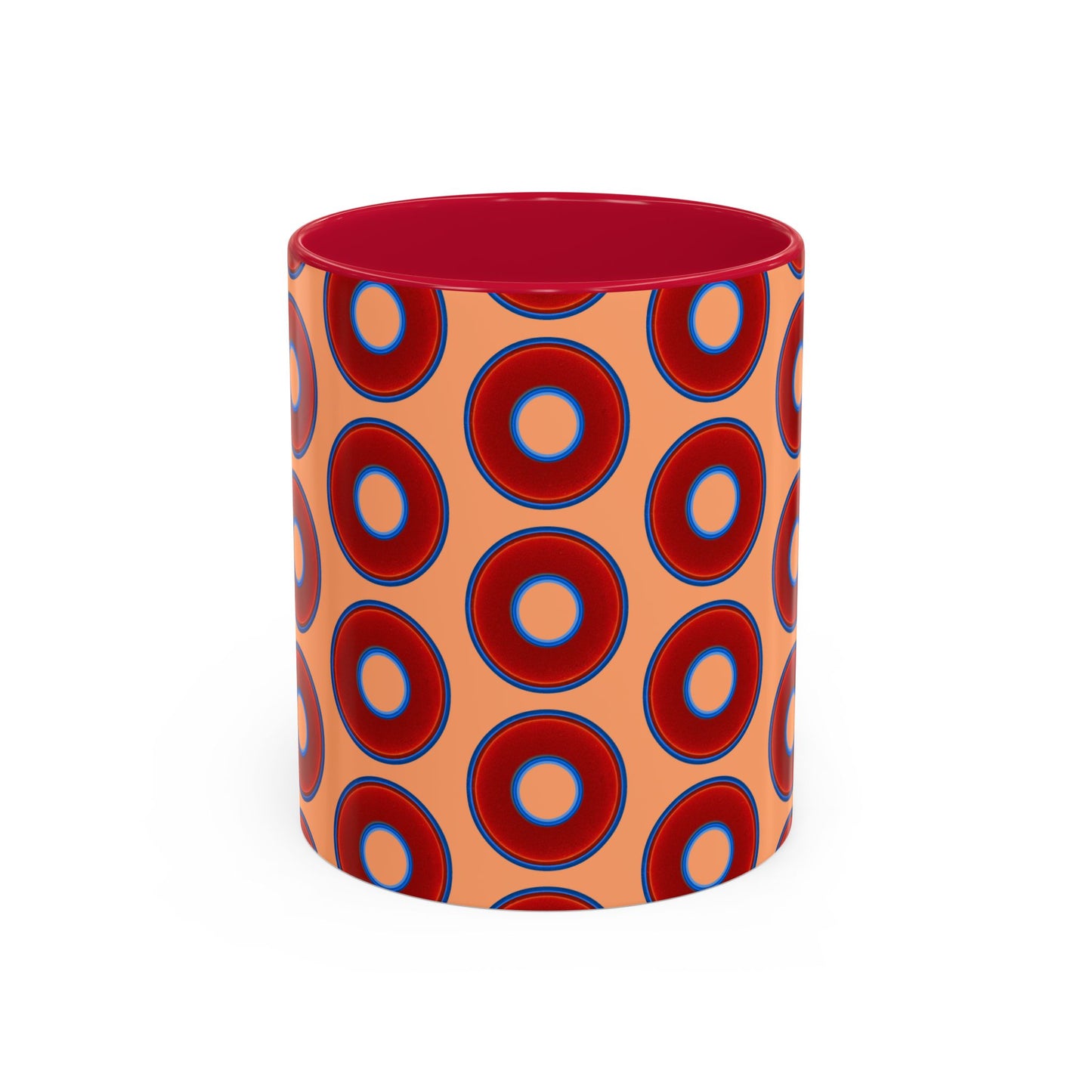 Lump's Grumpy Coffee Mug - vivid red donuts w/peach background
