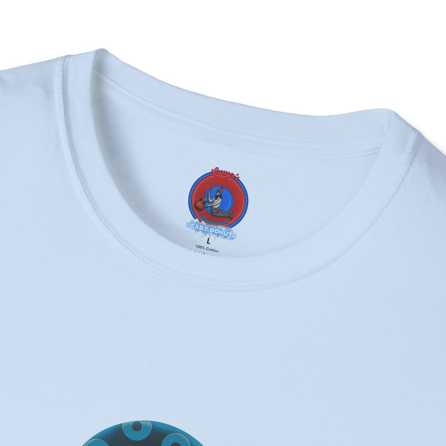 Lumpy Coffee Traders Tee - Unisex Soft-Style - "Good to Last Leaky Drop" - paradoxical donut - variant 2 - ocean donut front/logo back