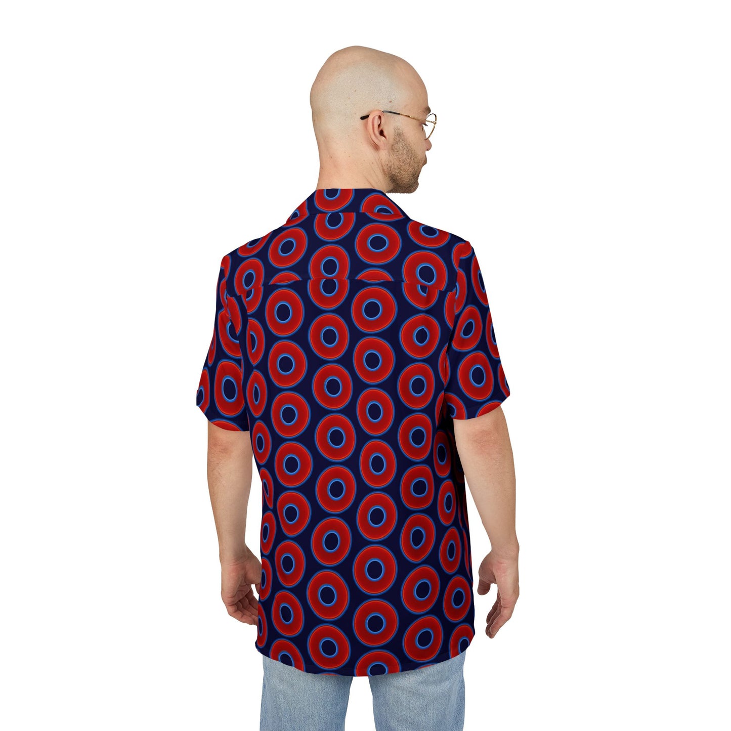 Wilson's 'Epic Hawaiian-Punch' Shirt - vivid red donut print w/midnight blue background [unisex]