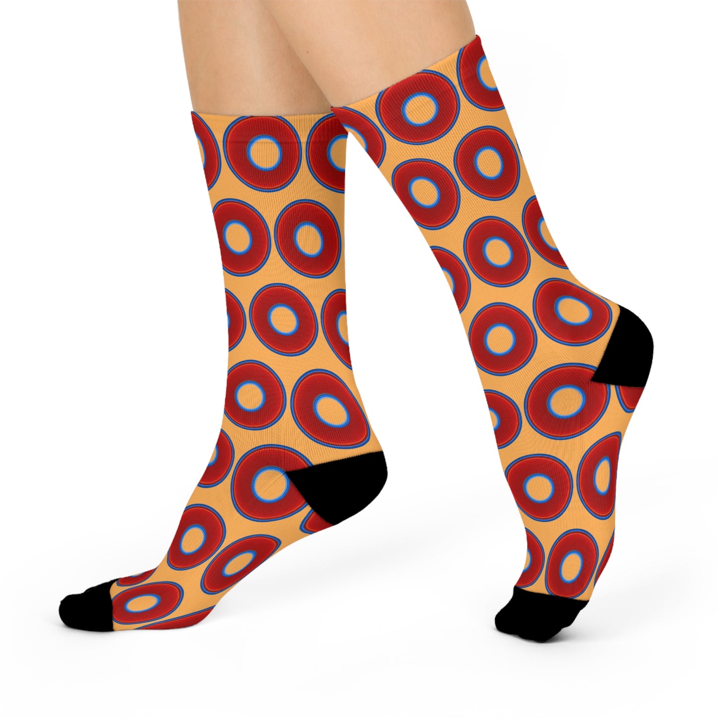 Lumpy Sox - cushioned crew - vivid red donut print w/creamsicle orange background