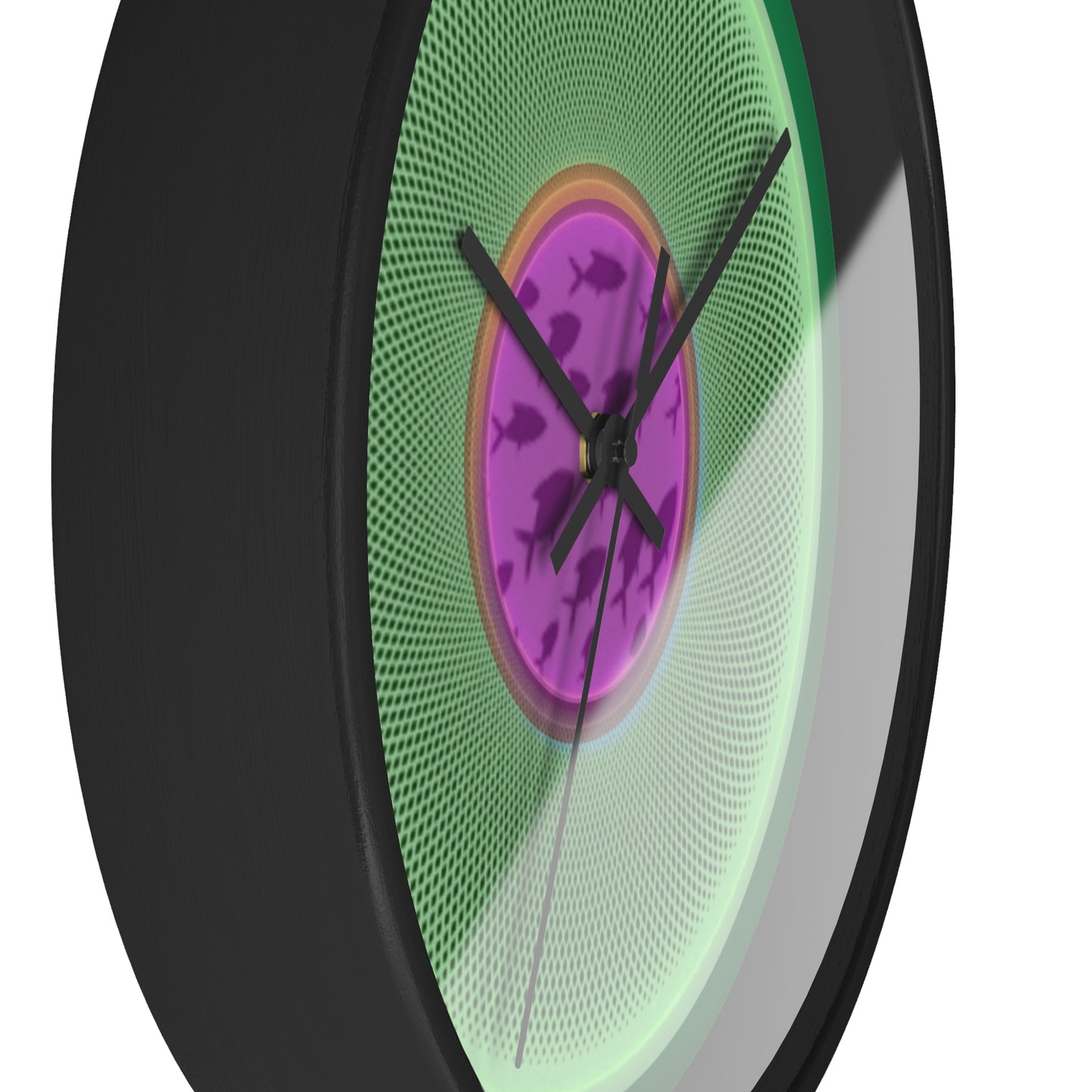 Lumpy Wall Clock - "Swimming by Donut Clocks" - variant 3 - light green/purple phatty donut w/green background