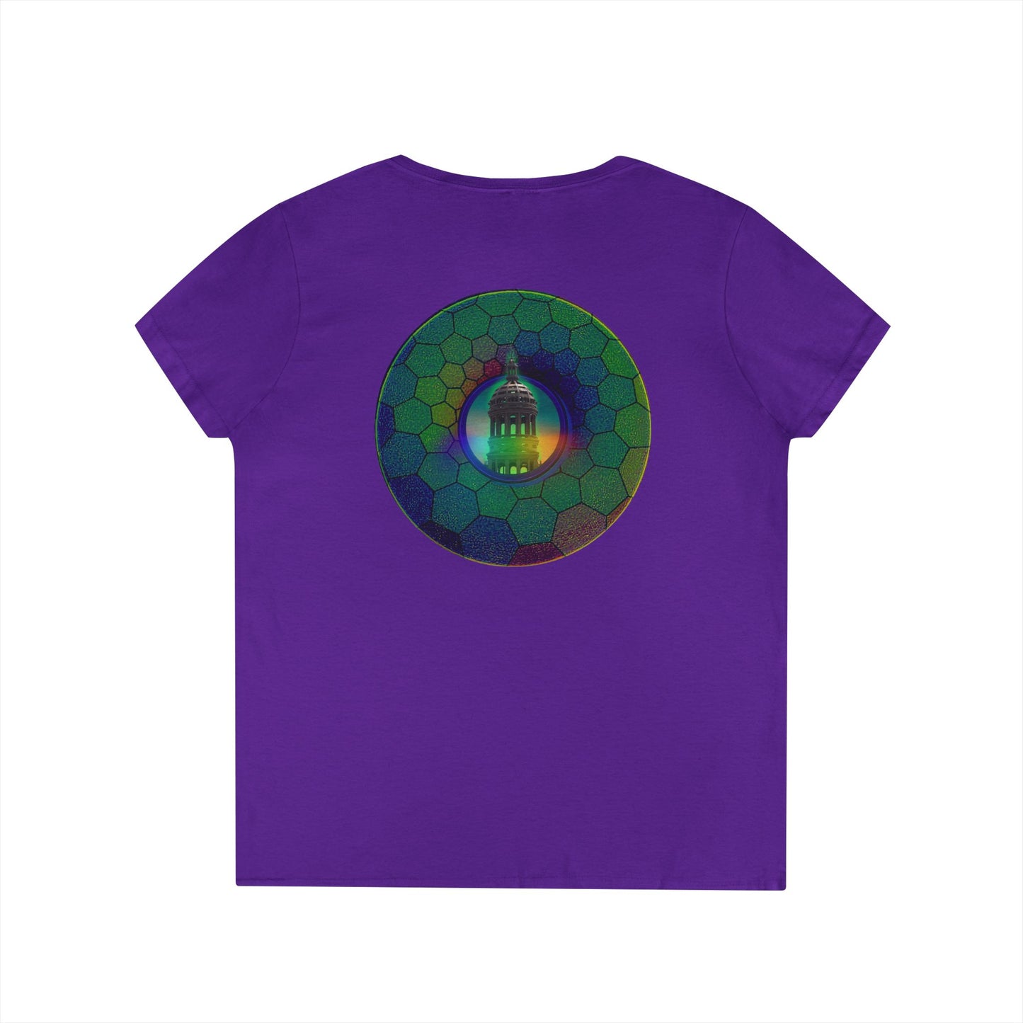 Women's Donut V-Neck Tee - "Save the Mondegreen City Hall Clock Tower" - variant 1 - green hexadonut w/