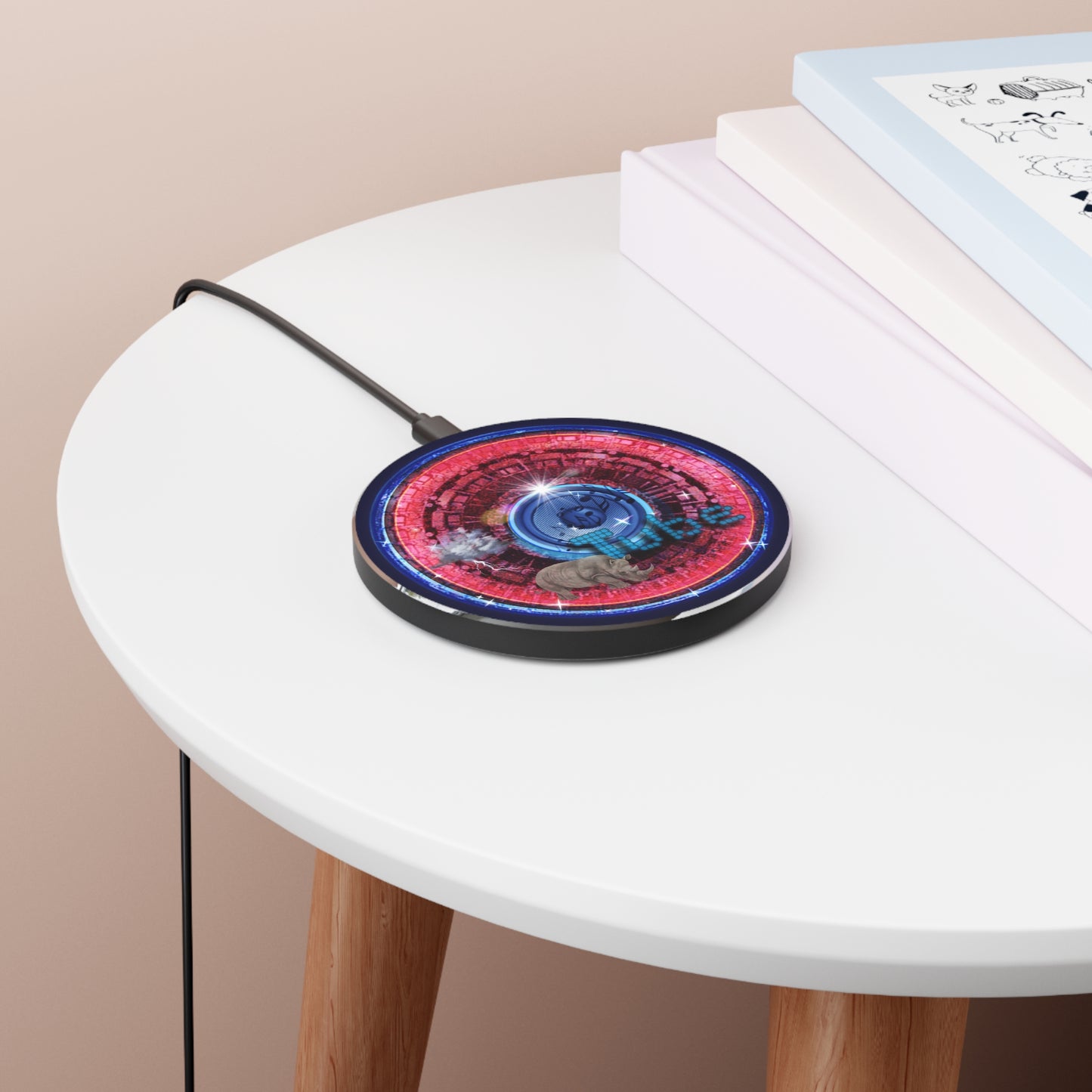 The Flow - Wireless Lumpy Donut Chargers - "Rhinos do Run from Thunder & Wireless Charging" - red tube donut w/midnight blue background - variant 1