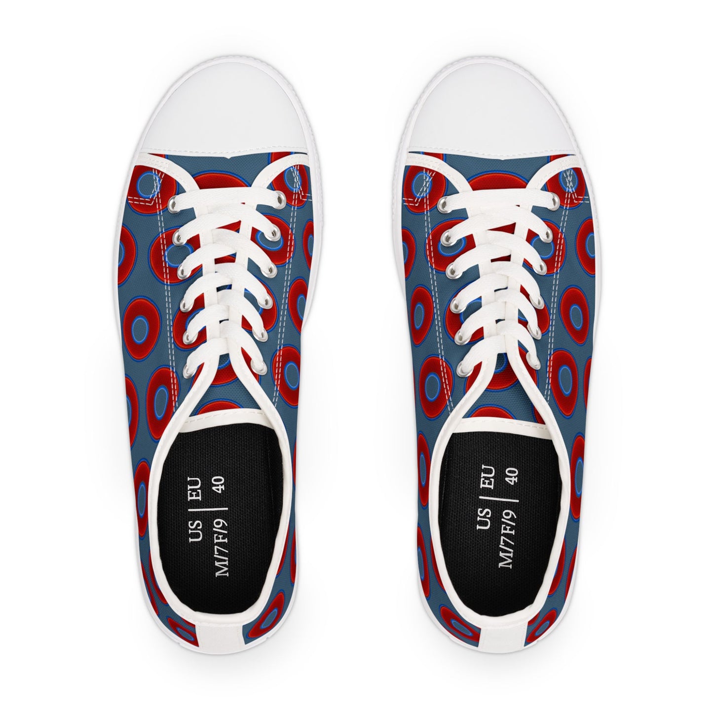 Women's - Low Top Chuck Taylors - large vivid red donut print w/steel bleu background