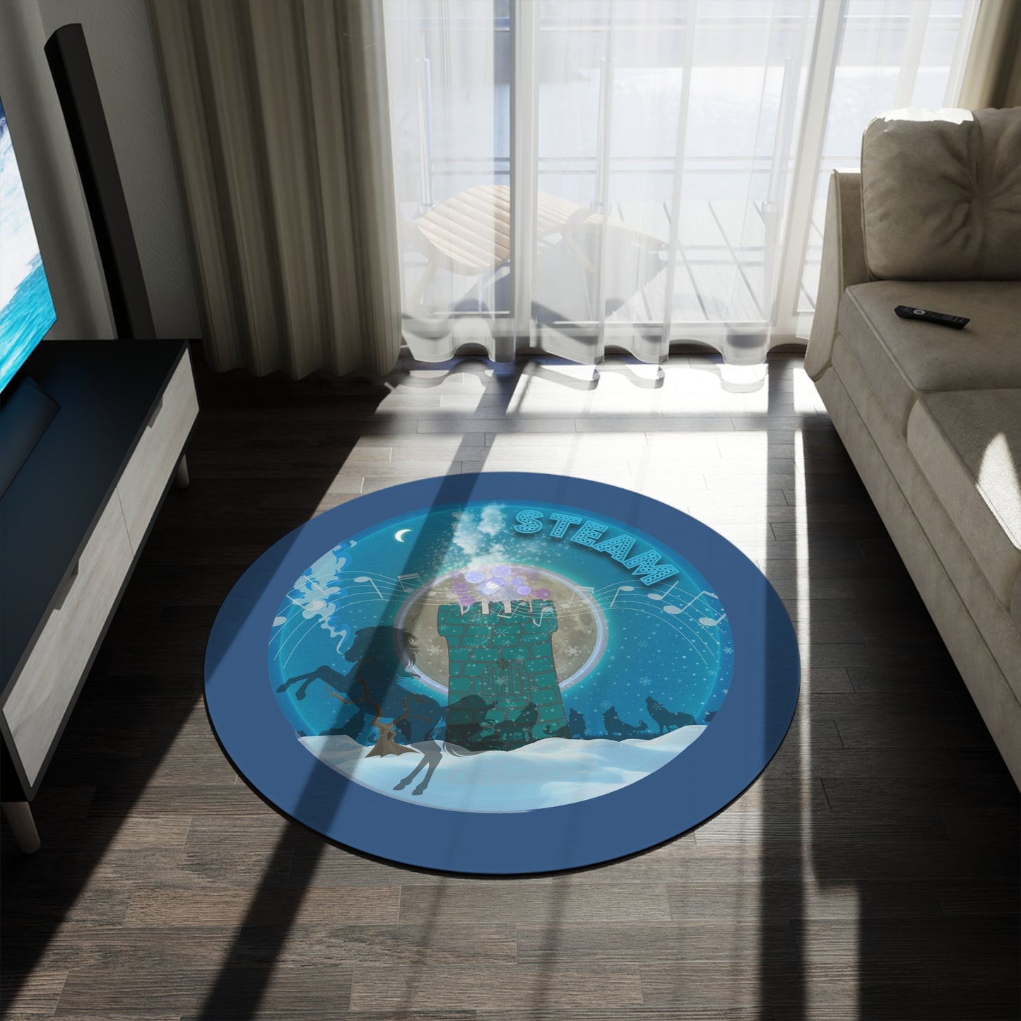 Round Room - 5 ft x 5 ft Lumpy Donut Rug - "Steamed Donut Rug" - vivid blue donut w/light navy background