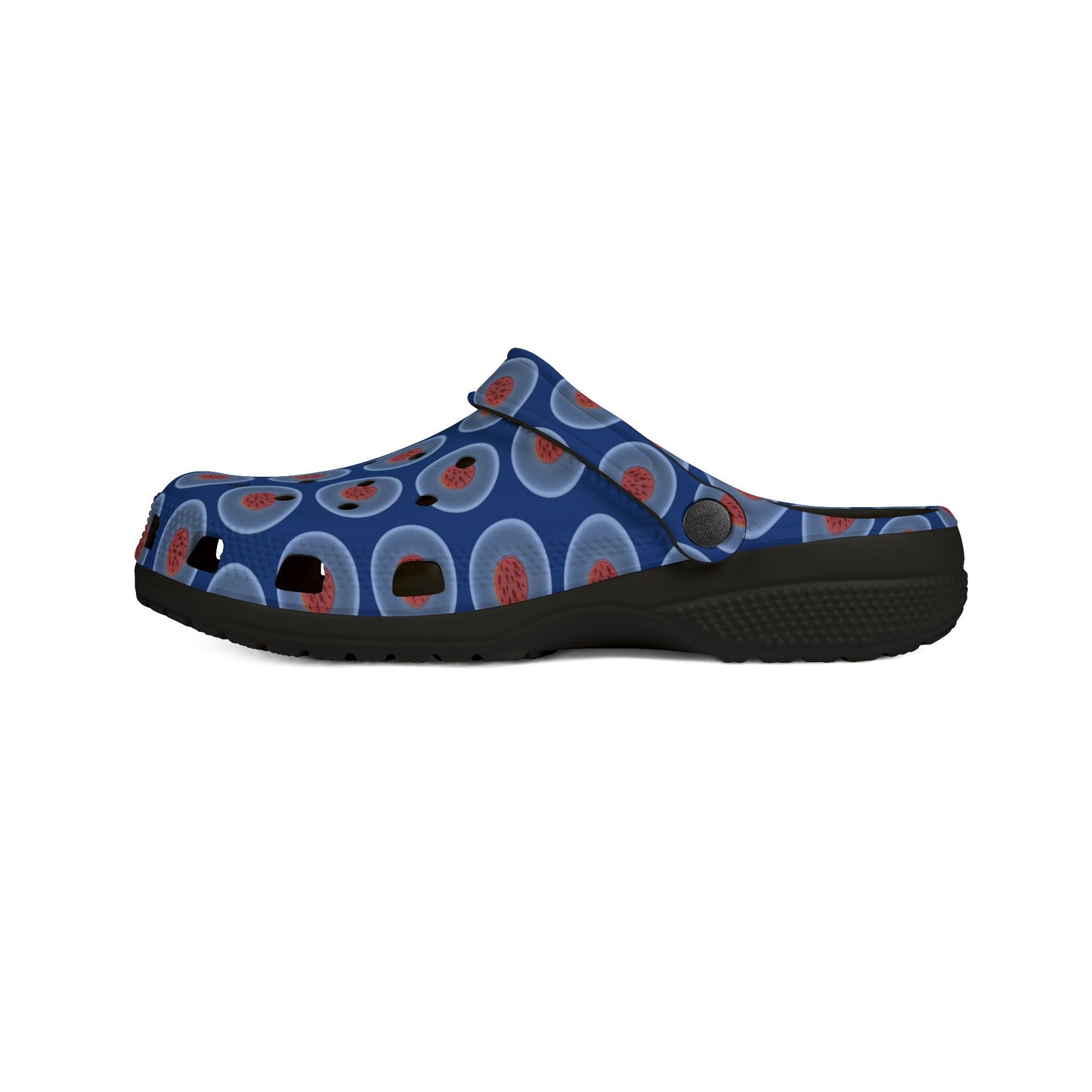 Spatchcocks - donut slip-on shoes - "The Donut Swimming By" - variant 1 - light blue phatty donuts w/dark blue background background [unisex]
