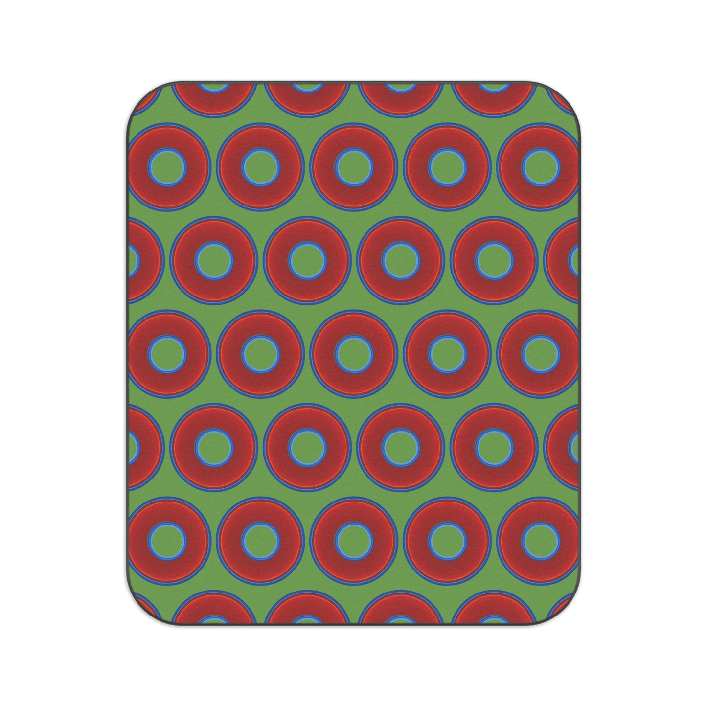 The Lumpy Party Blanket - giant water-resistant outdoor blanket [61" x 51"] - vivid red donuts w/light green background