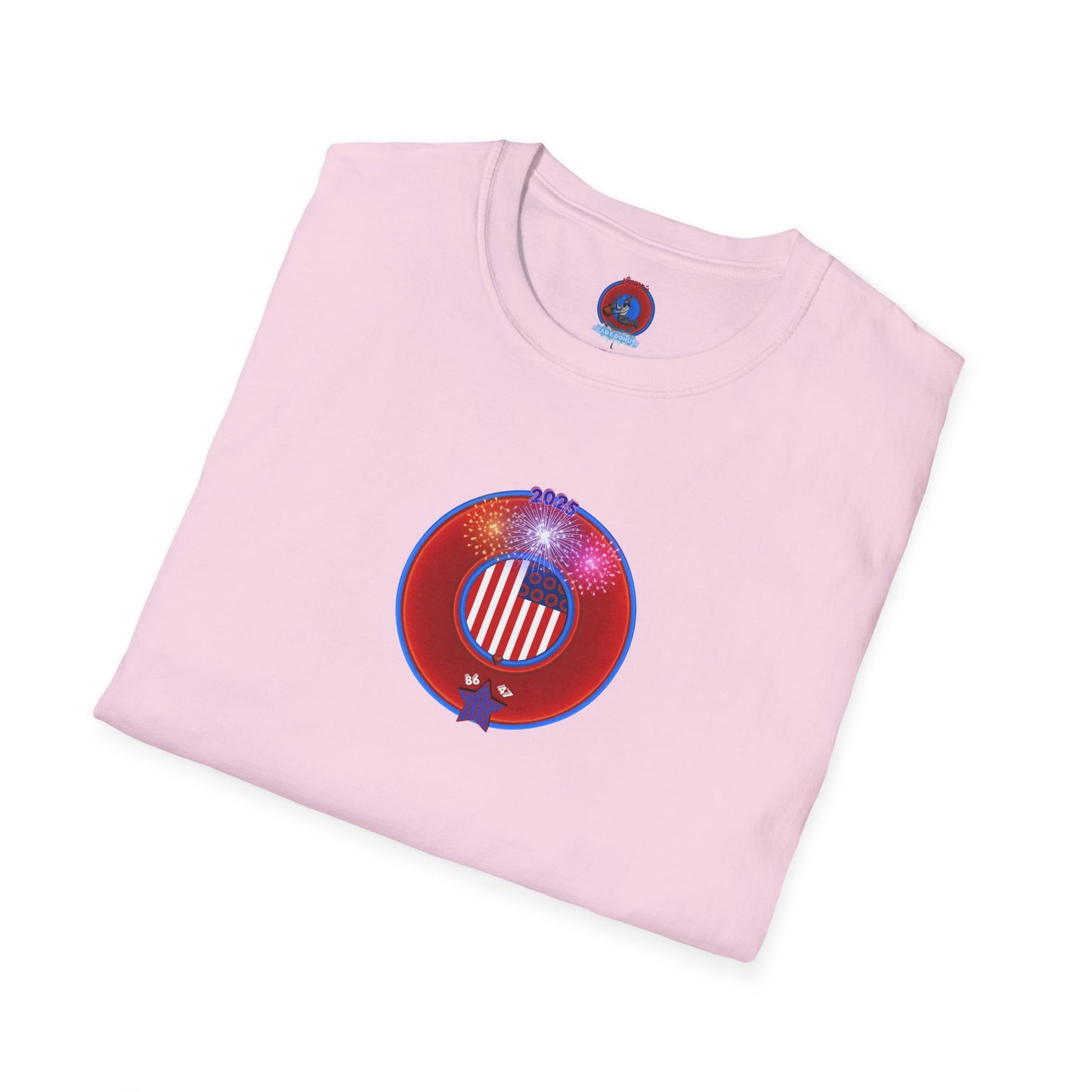 Classic Donut Tee - Unisex Soft-Style - "One Indivisible Donut" - vivid red phreedom donut - w/fireworks - variant 3