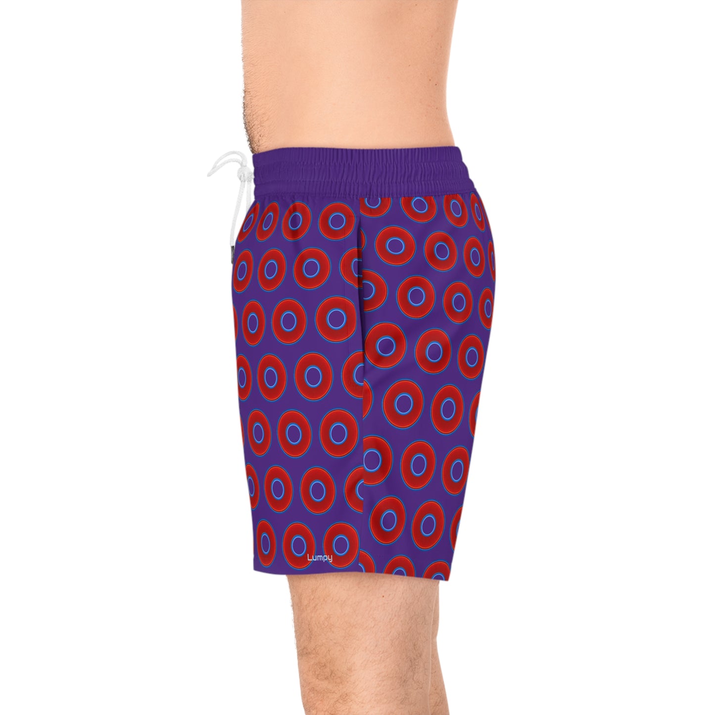 Men's Lumpy Swim Trunks - vivid red donut print w/purple background
