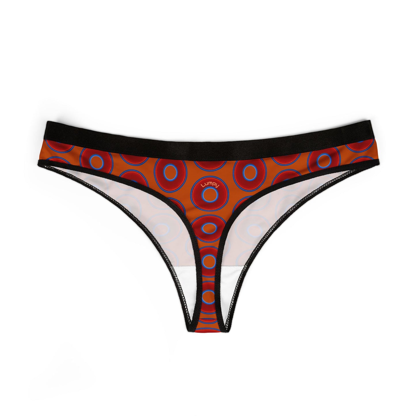 Lumpy Donut Thongs - red vivid donut print w/dark orange background