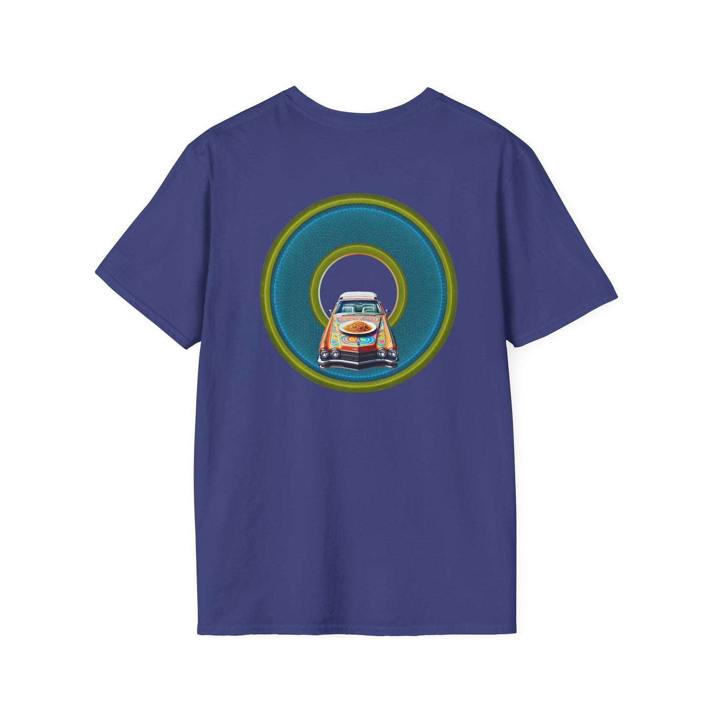 Classic Donut Tee - Unisex Soft-Style - "Cadillac Rainbow Spaghetti Incident" - series 1.0  - variant 1 - blue/green donut