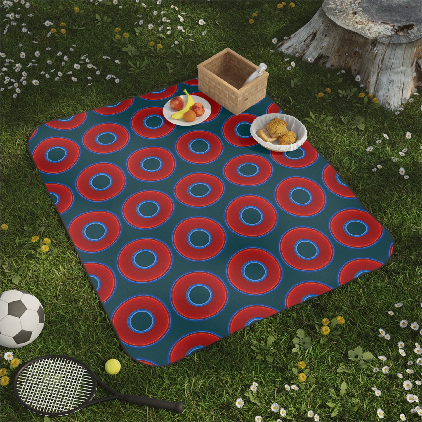 The Lumpy Party Blanket - giant water-resistant outdoor blanket [61" x 51"] - vivid red donuts w/midnight green background