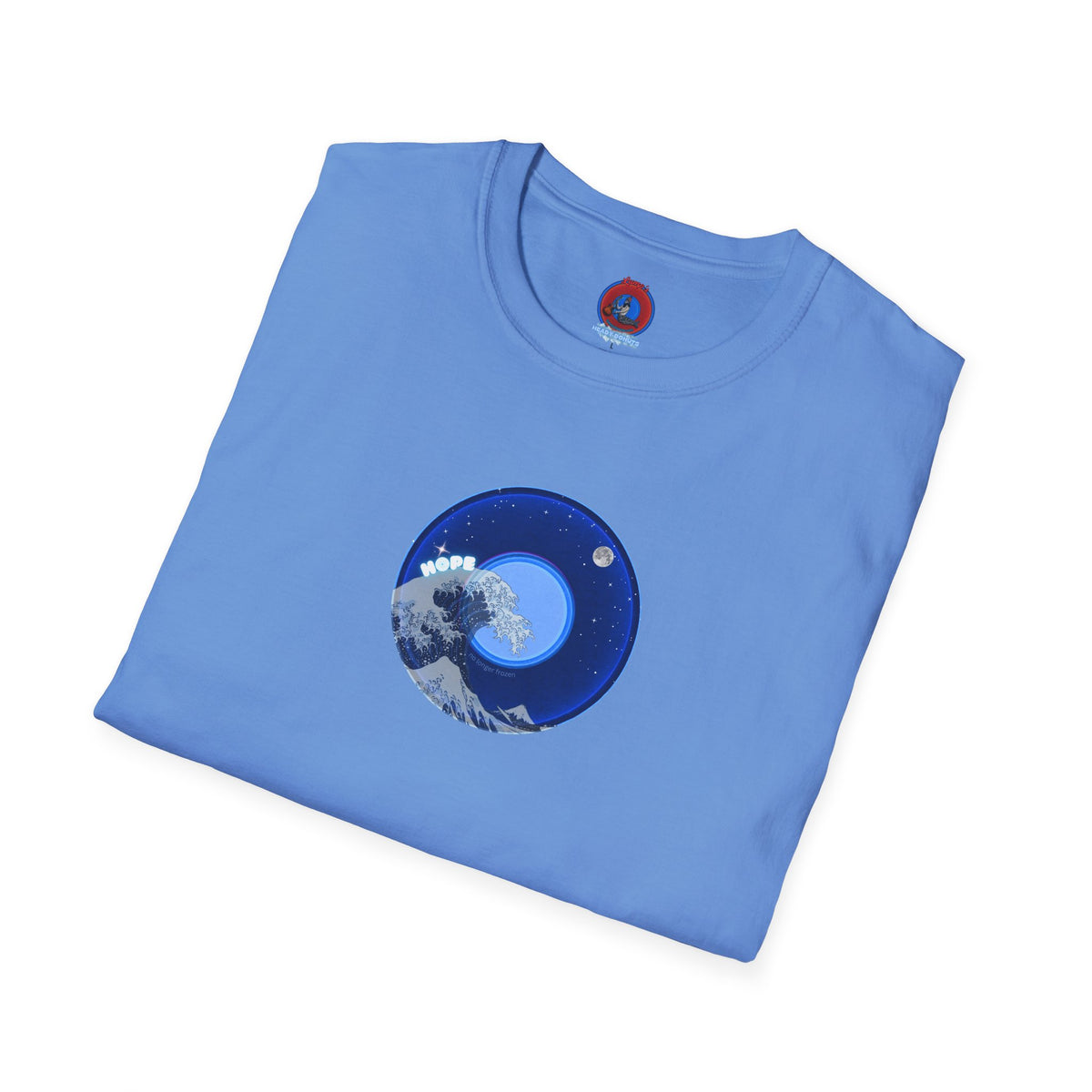 Classic Donut Tee - Unisex Soft-Style - "The Hopeful Waving Donut" - variant 2 - vivid blue donut
