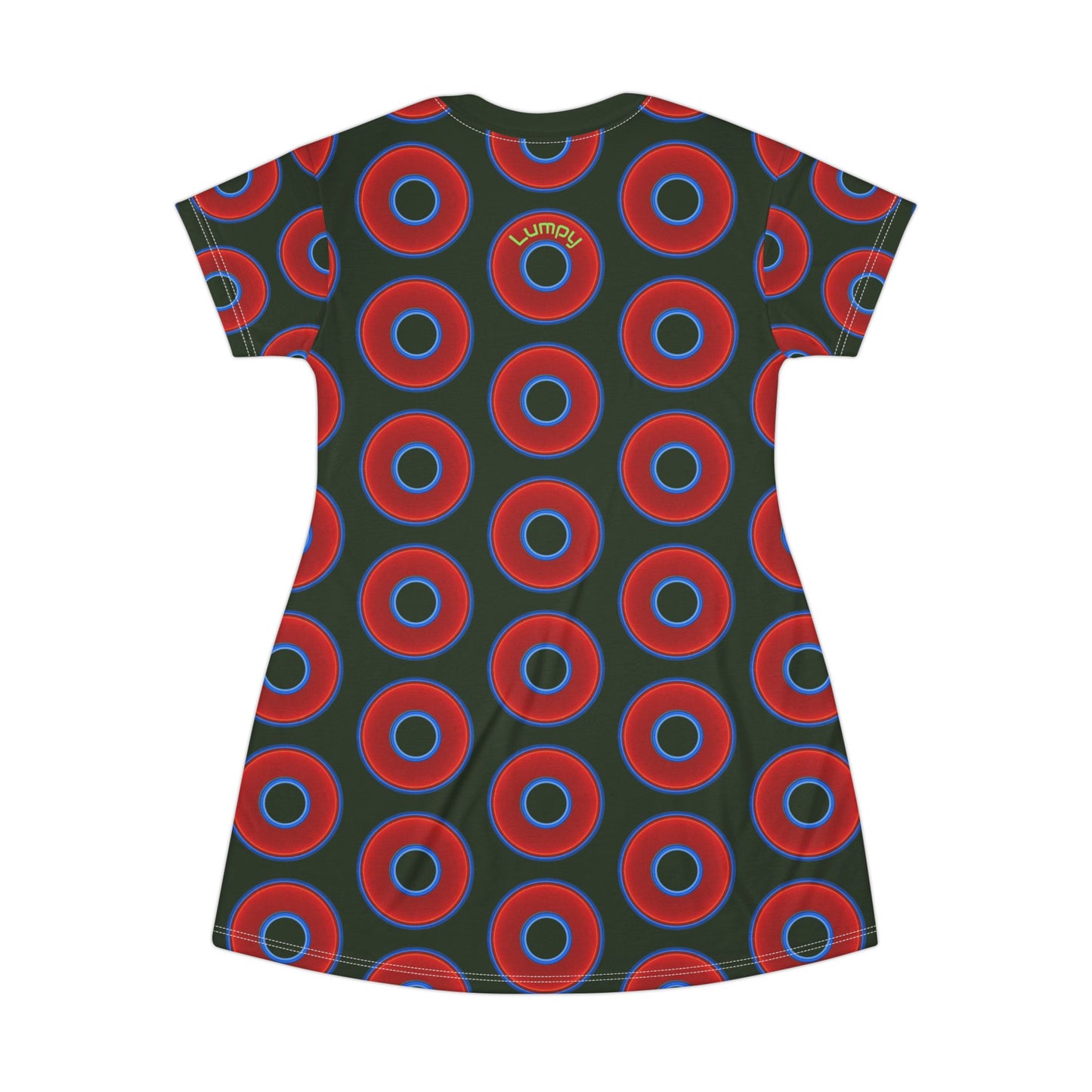 Not a Muumuu AOP Tee Shirt Dress - red vivid donuts w/deep forest green background