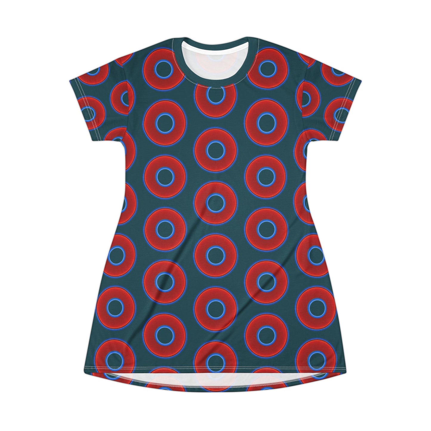 Not a Muumuu AOP Tee Shirt Dress - red vivid donuts w/midnight teal green background